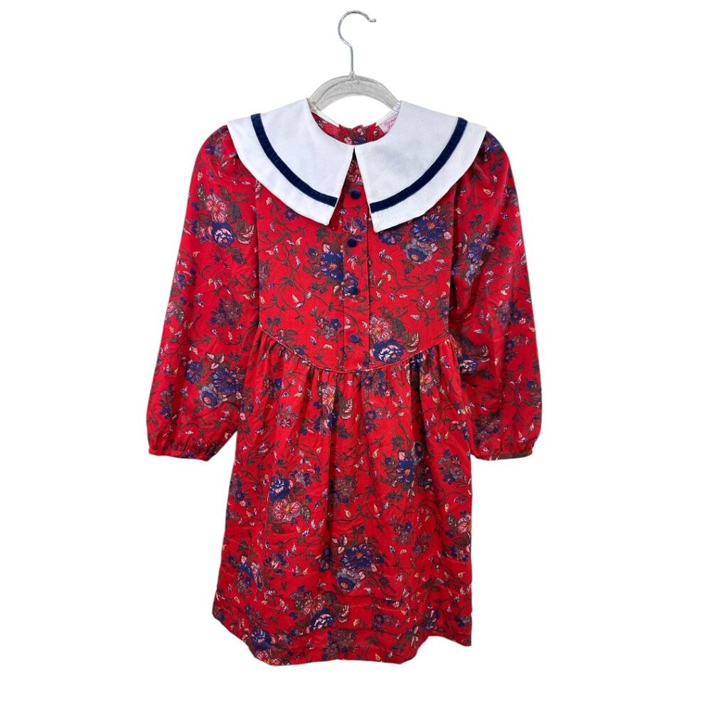 Girls Vintage Sailor Dress Red Floral White Collar Sash Sz 12 Nautical